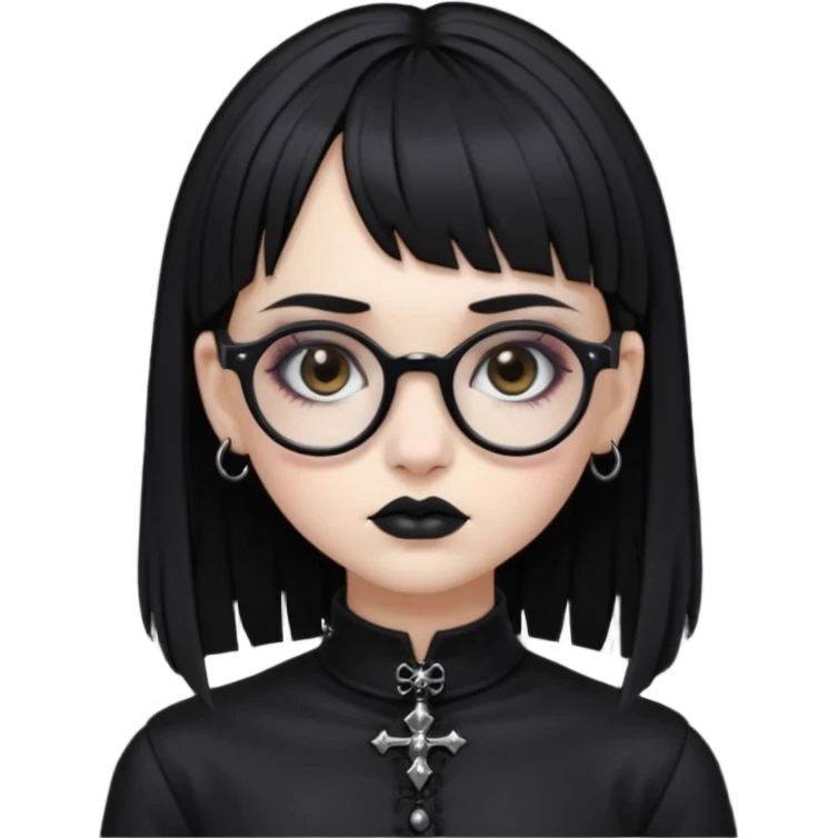 Faça uma moça de cabelo preto micro franja e penteado gótico pálida e com maquiagem gótica pesada olhos castanhos escuro e óculos  emoji