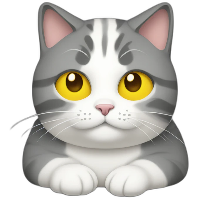 fat female cat with 3 colors, grey, white and yellow emoji