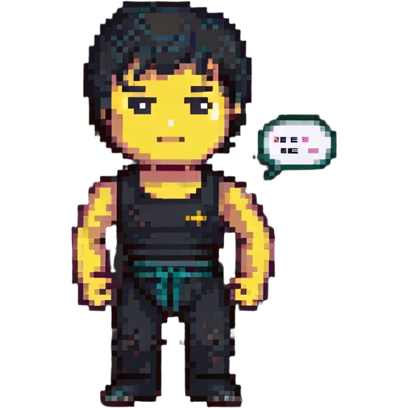 Bruce Lee, calm and wise, pixel art style, with a speech bubble that says 'Be formless' emoji