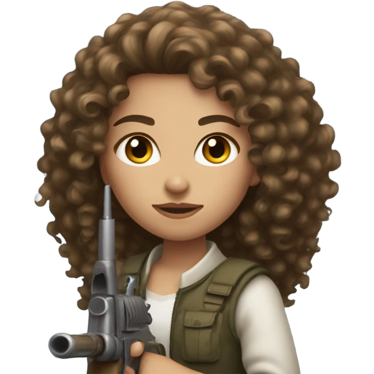light skinned brunette curly-haired girl with weapon emoji