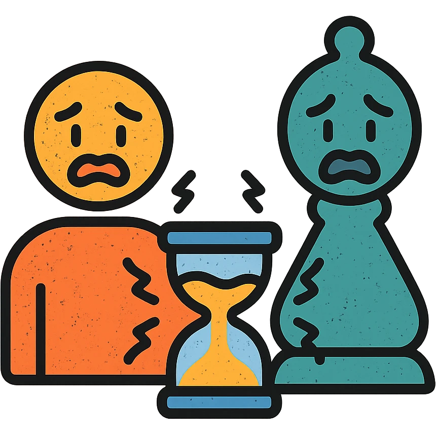ultra-minimalist icon of two simple figures representing player and GM side by side, trembling clock or hourglass, extremely worn and eroded texture, anxious and stressed expressions, sense of terror emoji