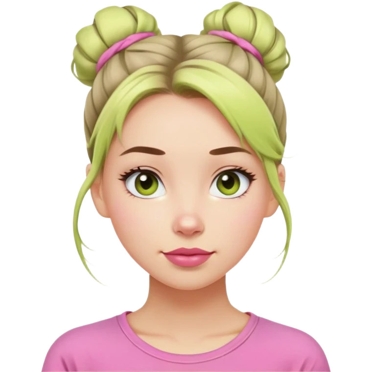 Woman cute, hair in messy bun, sky eyes, tight lime shirt, pink lips, slight smile emoji