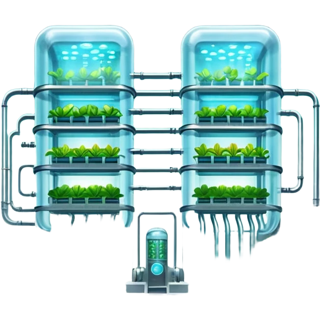 Exterior view of a futuristic hydroponic farm with glowing neon pipes and transparent water channels, sleek buildings shaped like nutrient tanks, vegetables and wheat growing in vertical layers, surreal atmosphere, emoji-style, cartoony emoji
