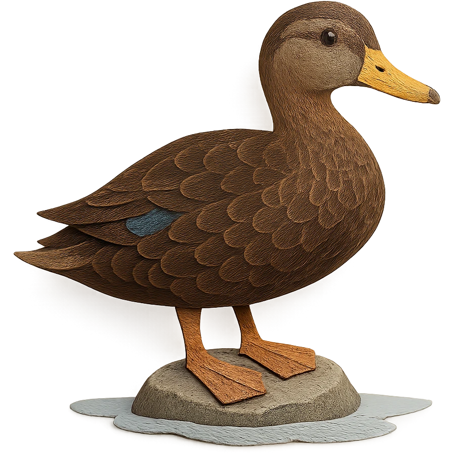 close-up of an American Black Duck in paper craft style, fine paper edges, subtle feather patterns, expressive eye, standing on a rock by water emoji