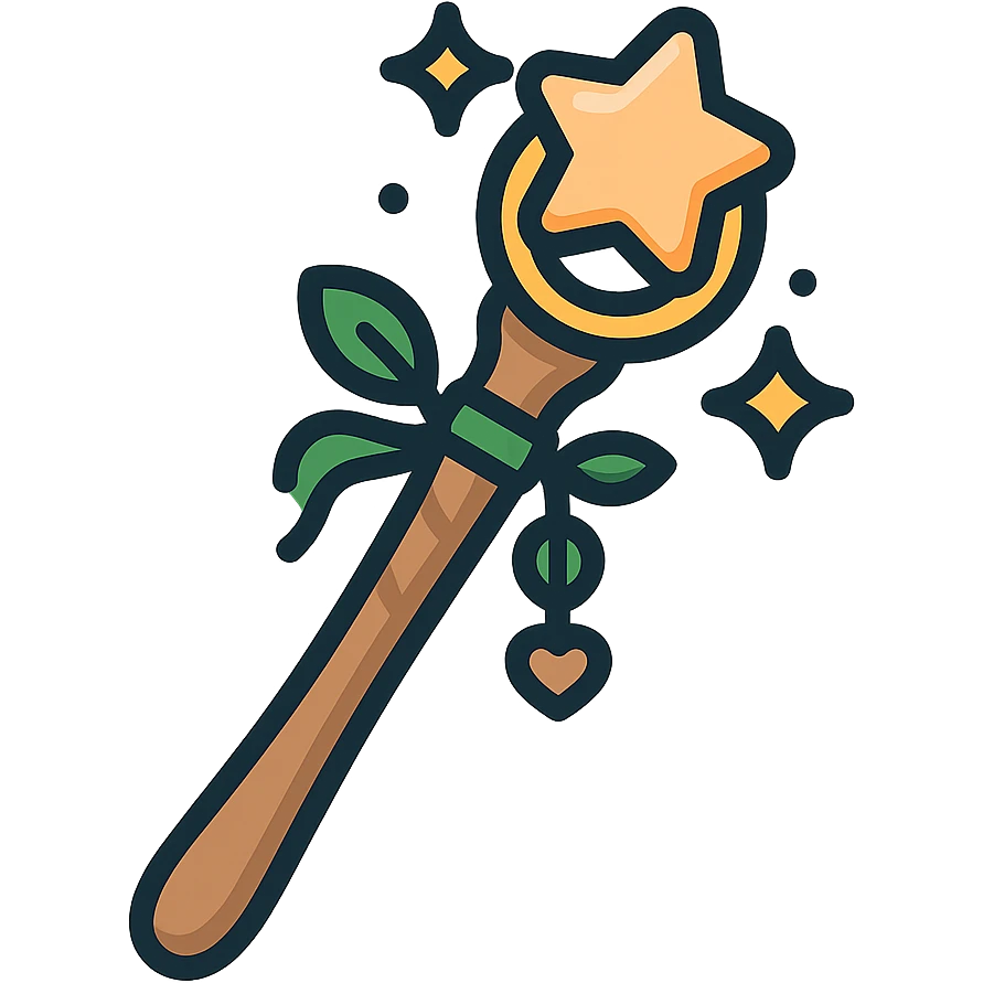 A cute and magical wand with an elegant, whimsical design, incorporating a color palette of golden orange (FA9B41), forest green (4A7C5C), soft taupe brown (96775A), and pastel peach (FFCC9A). The wand is slender and slightly curved, made of smooth wood with delicate carvings. At the top, there's a glowing gem or star in peachy tones, surrounded by tiny sparkles. Decorative elements like a ribbon, tiny leaves, or a small charm add a cozy, storybook-like charm. The overall look is gentle, enchanting, and magical, perfect for a forest fairy or a kindhearted young wizard emoji
