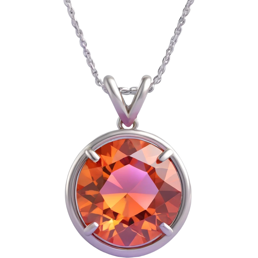 round cut pink fire opal gemstone with iridescent and fiery pink-orange colors, set in a silver setting with a silver jump ring for attachment, playful and glossy emoji