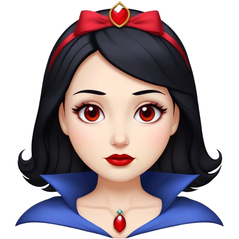 Cinematic Majestic Snow White Portrait Emoji, rendered in a clean, vector-style with bold, simplified shapes. Show Snow White with a serene, noble expression, radiant porcelain skin, and elegantly styled raven hair accented with subtle red highlights, her attire simple yet refined. The design radiates a majestic, pure glow with high shine and a soft glowing outline, embodying classic royal beauty. emoji