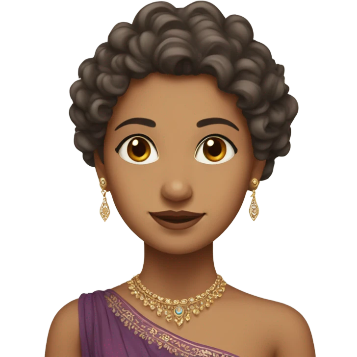 A girl with curly hairs. Skin tone is indian. Wearing a gown. Looking like a queen emoji