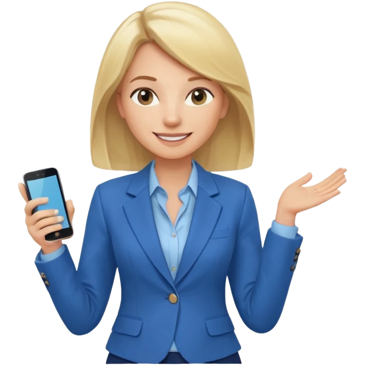 Confident and outgoing female entrepreneur, Caucasian features, shoulder-length blonde hair, big friendly smile, expressive eyes, wearing a blue blazer over a light blue blouse, holding a smartphone in one hand, waist-up, front-facing emoji