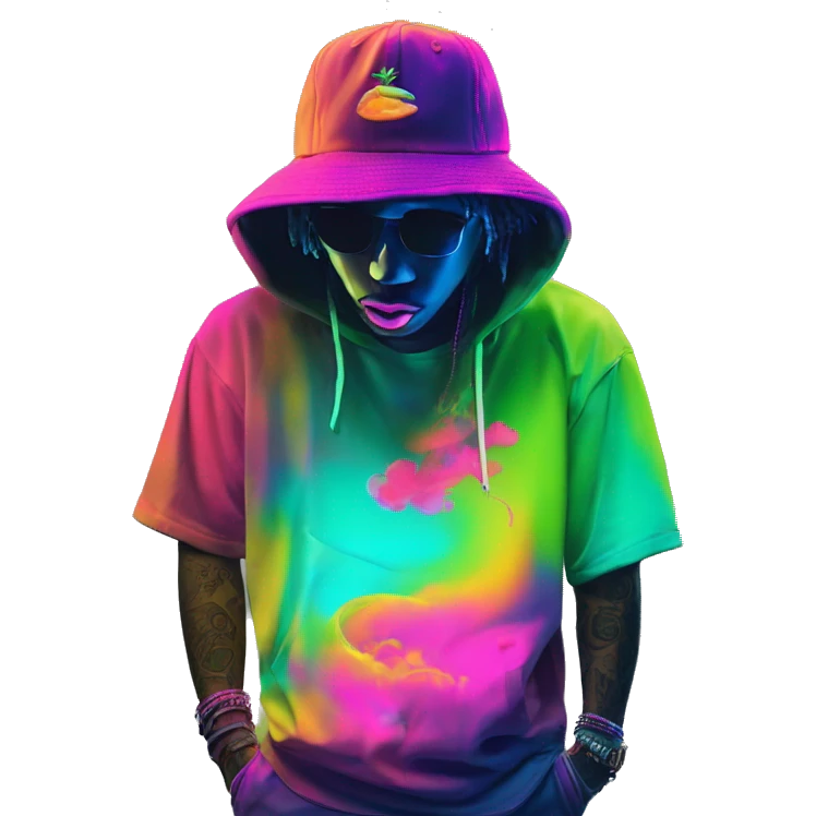 Multicoloured neon person smoking wearing hoodie dancing hip hop bucket hat tropical Skater fashion aesthetic baggy clothes graphic t shirt 420 emoji