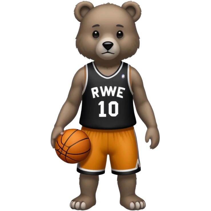 Bear with full body and wearing basketball black and gray jersey that says RWE  emoji