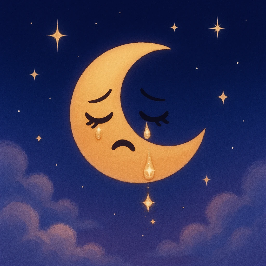 crescent moon emoji with closed eyes and tears, sparkles as falling tears, stars, navy-to-indigo gradient background, soft clouds, dreamy nightcore sad aesthetic emoji