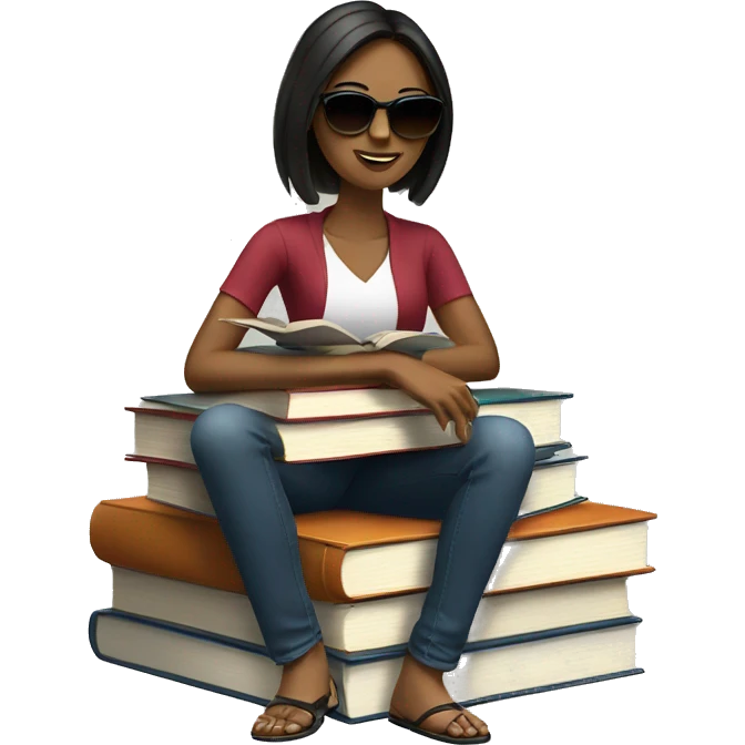 a women sitting on 14 books with sunglasses emoji