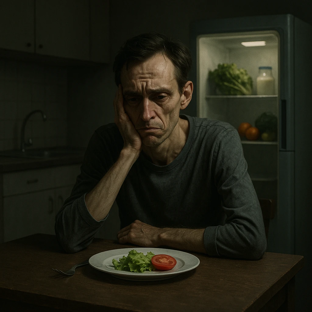 symbolic realism, cinematic lighting, muted color palette; thin, tired man alone at minimalist kitchen table, plate with lettuce and tomato, frustrated and weary, sunken eyes, cold empty kitchen, closed fridge with healthy foods inside, expressive face emoji