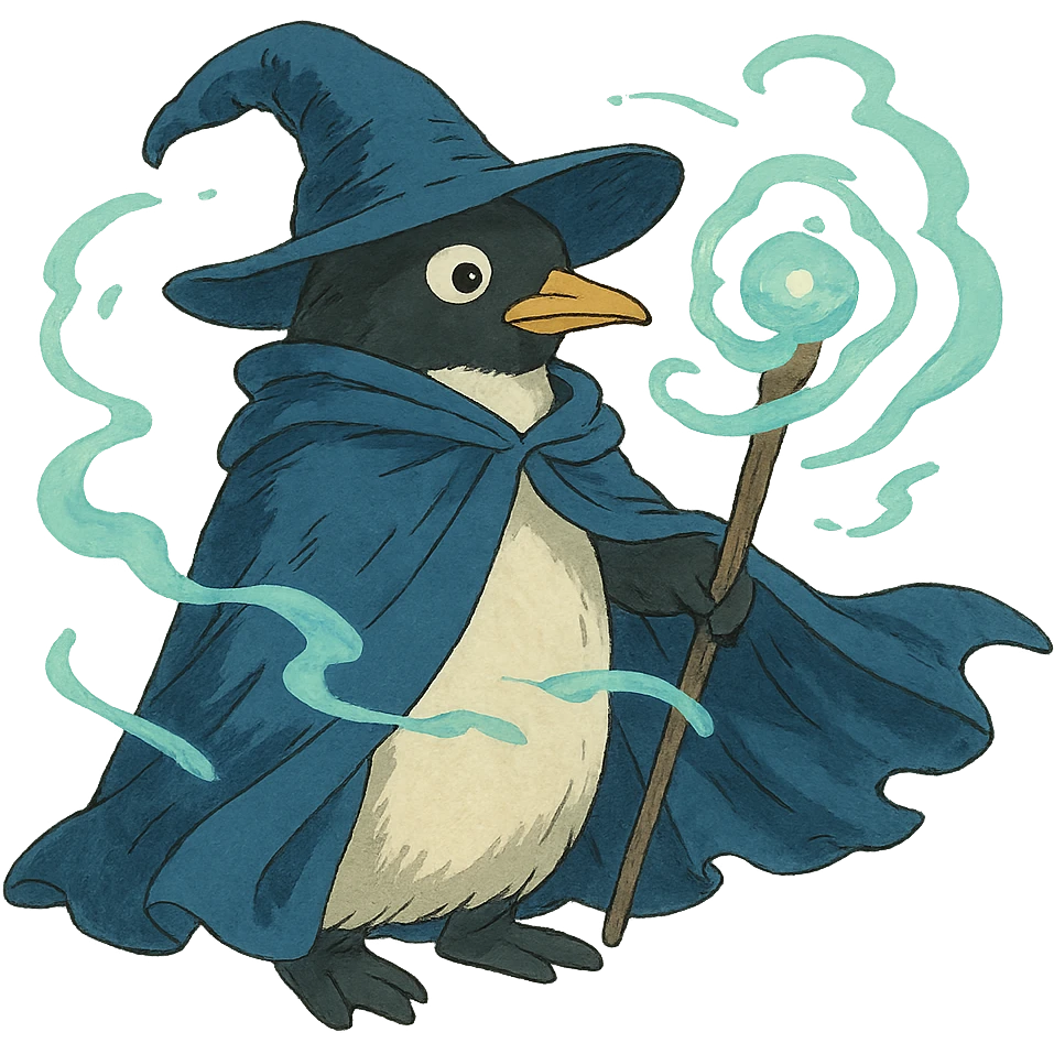 penguin wizard with a flowing cloak and magical aura emoji