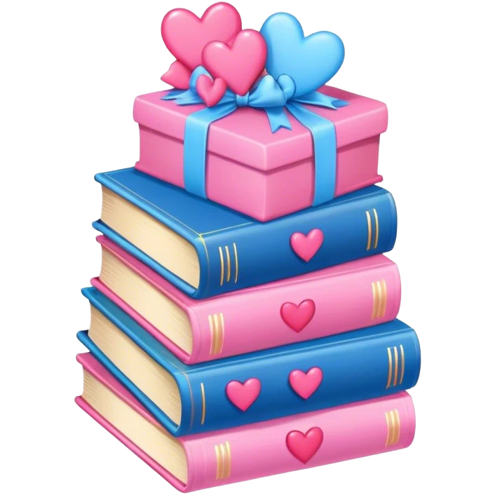 lots of romance books stacked up, pink and blue, with hearts and bows emoji