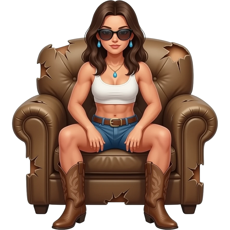 muscular naked girl with teardrop sunglasses sits on a torn armchair and stretches in front. she has cowboy boots emoji