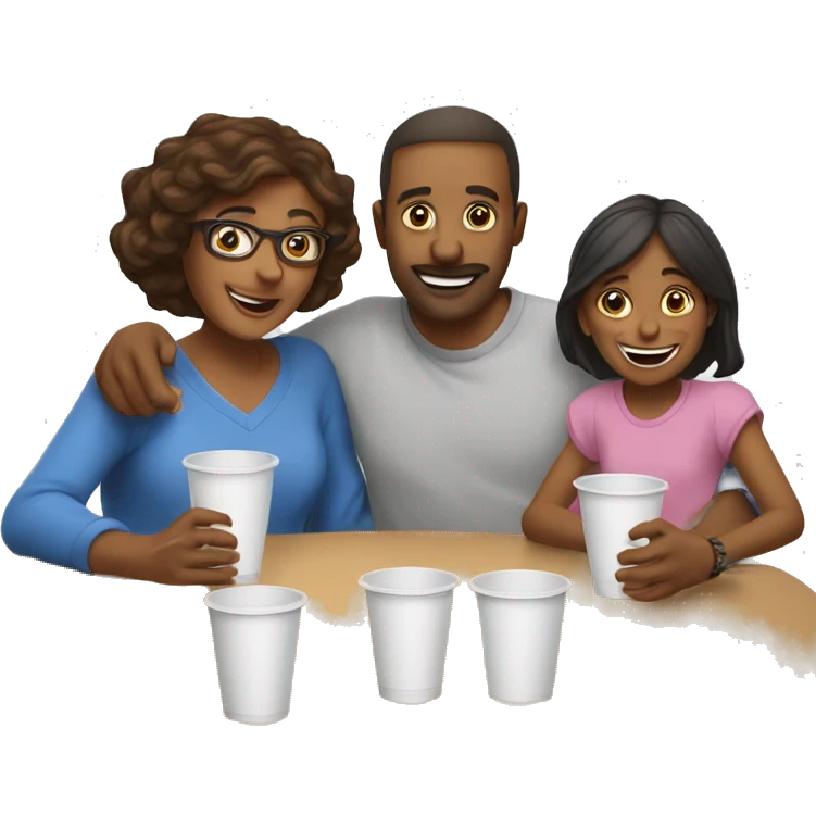 An emoji of a family—mother, father, and child—sitting at a table, playing a cup game with paper cups arranged on the table as they have fun together emoji