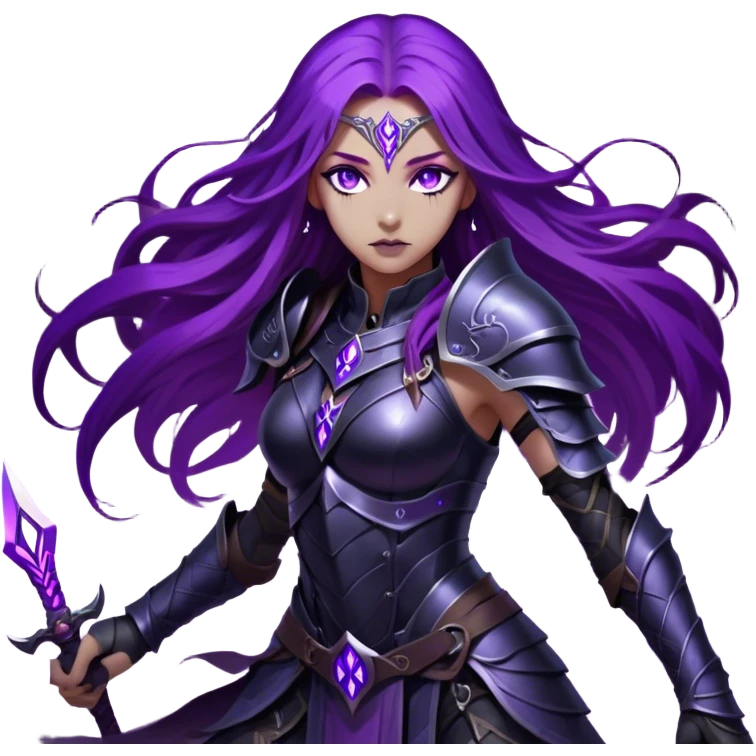 A mysterious warrior girl with long, flowing purple hair catching the dim light. Her glowing violet eyes stare forward, unwavering. She wears sleek black armor, adorned with silver runes that pulse faintly with hidden power. A dark mist swirls at her feet, hinting at the energy she commands. emoji