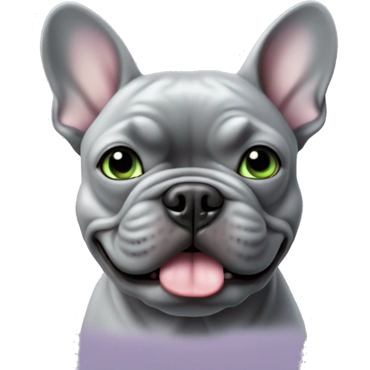 all gray french bulldog with light green eyes with a lavender collar and bottom row of teeth showing emoji