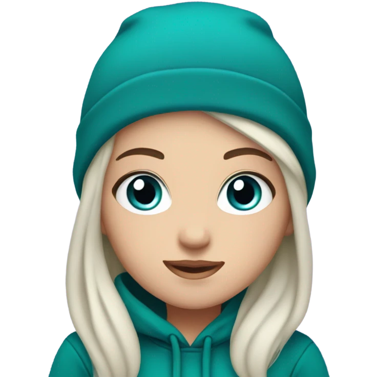 White girl, blue eyes, long teal hair, purple beanie hat, black hoodie emoji