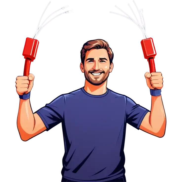 Man holding both arms in the air and holding an electrical cable emoji
