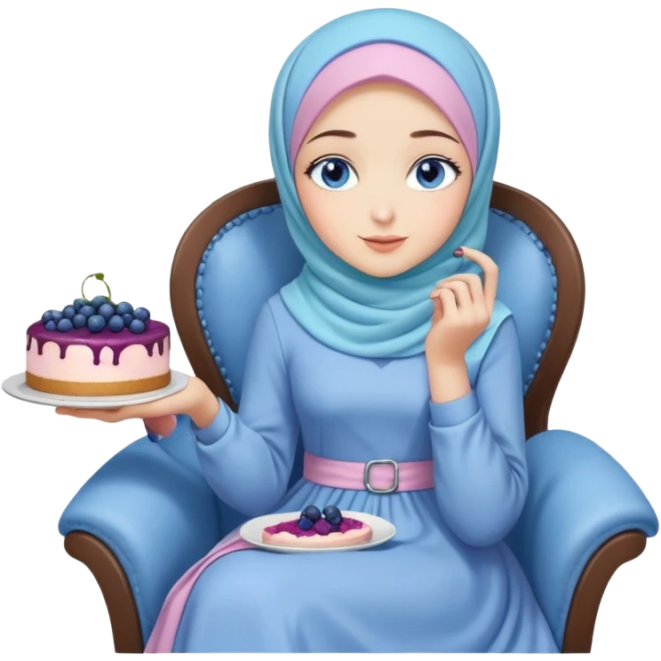 Turkish beautiful finish Konya girl blue eyes with pastel hijab long tail dress and sits on the chair and holds blueberry cake with her hand  emoji