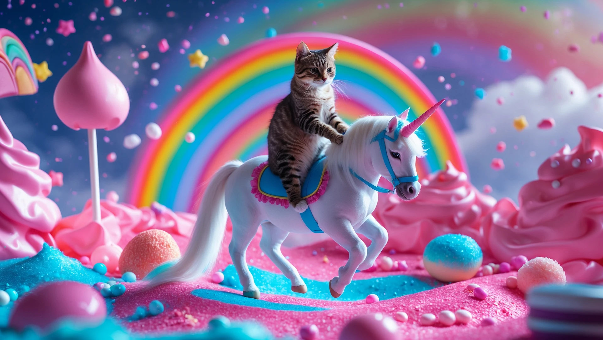Cinematic still of a cat riding on unicorn around magic pink, and blue candy world, rainbow, dynamic shot emoji