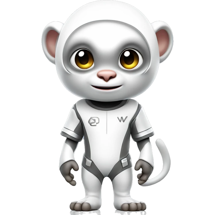 a 3d rendering of a full body shot of a cute white capucin monkey wearing a t shirt with a letter 'W' on it and a futuristic platinum helmet also with a letter 'W' on it, smiling and being cute to the camera, his style is futuristic y2k, he's standing up emoji