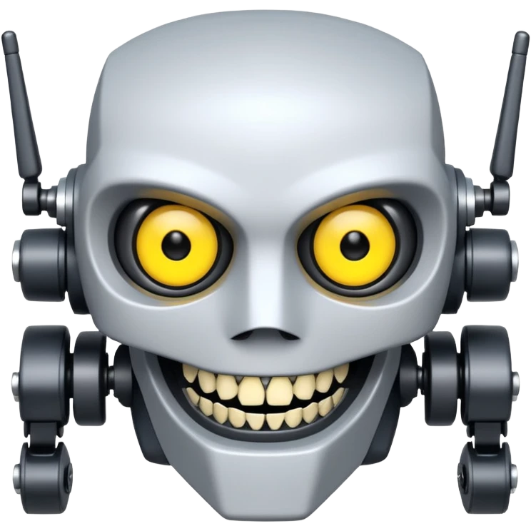 character V from Murder Drones with robotic features, sharp teeth, yellow eyes, sinister smile emoji