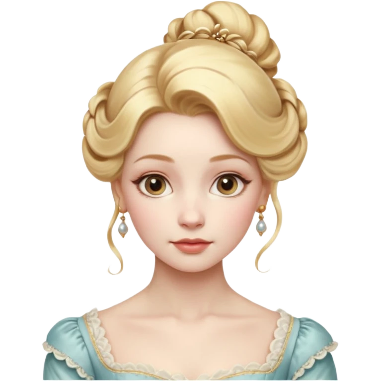 Cinematic Realistic Rococo Portrait, depicted with lifelike skin texture, subtle rosy undertones, and soft natural lighting that enhances the gentle contours of her face. Her intricately detailed golden blonde hair is elegantly styled in an updo, emoji