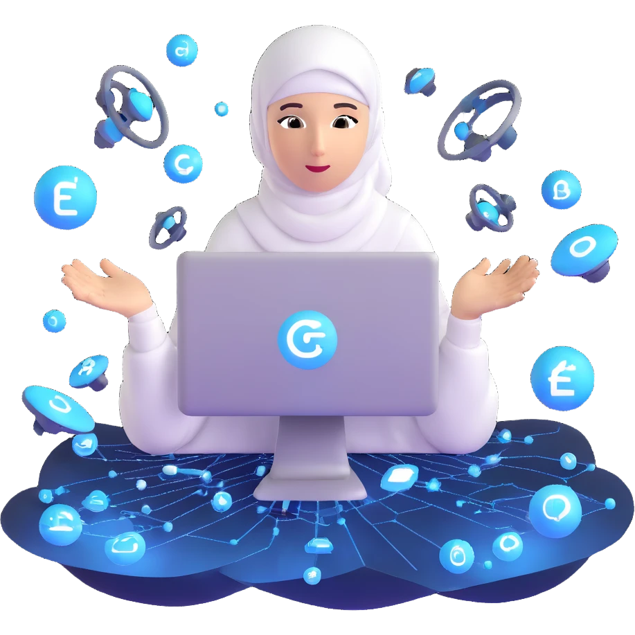 computer engineer with white hijab immersed in augmented reality, surrounded by floating metaverse elements, digital codes, virtual machines, tech graphics emoji