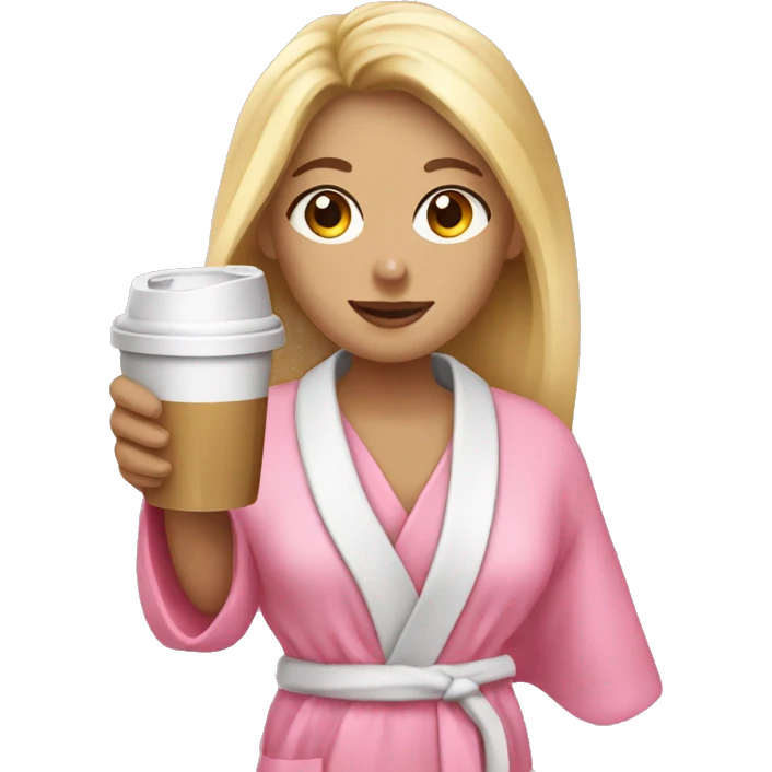 a blonde girl in a pink bathrobe with cold coffee in her hand is making up emoji