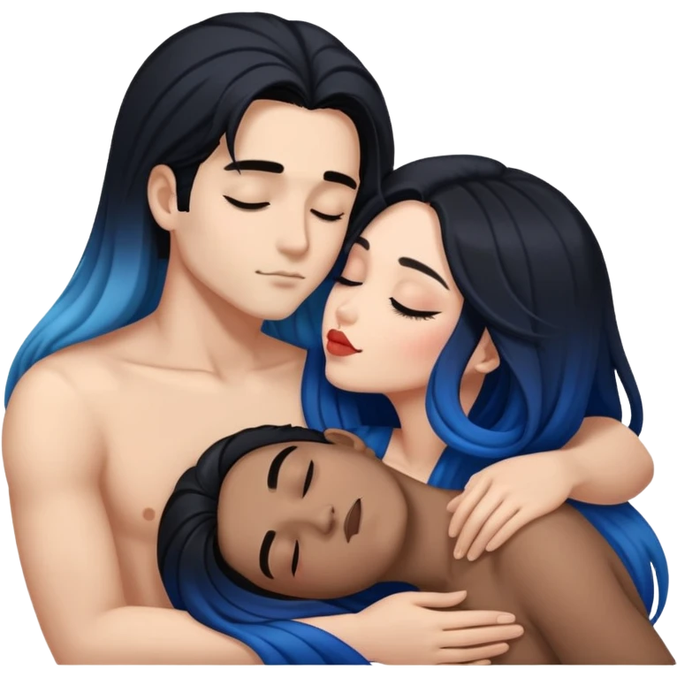 Beautiful male female-very long black to blue hair ombre-  couple smooch- laying  emoji