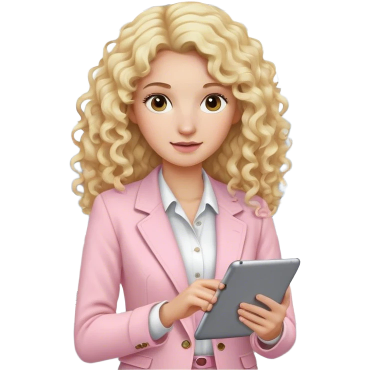 Blonde curly Long hair lady with light pink clothes in and office holding an ipad emoji