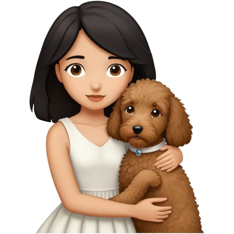 One girl with medium long black hair dressing white dress , hugging One little brown coated labradoodle. emoji
