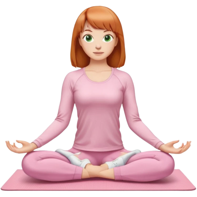 chin length ginger hair woman with bangs, green eyes, wearing long sleeve light pink yoga top, long flare light pink yoga pants, white sneakers, in gym, sitting on yoga mat emoji
