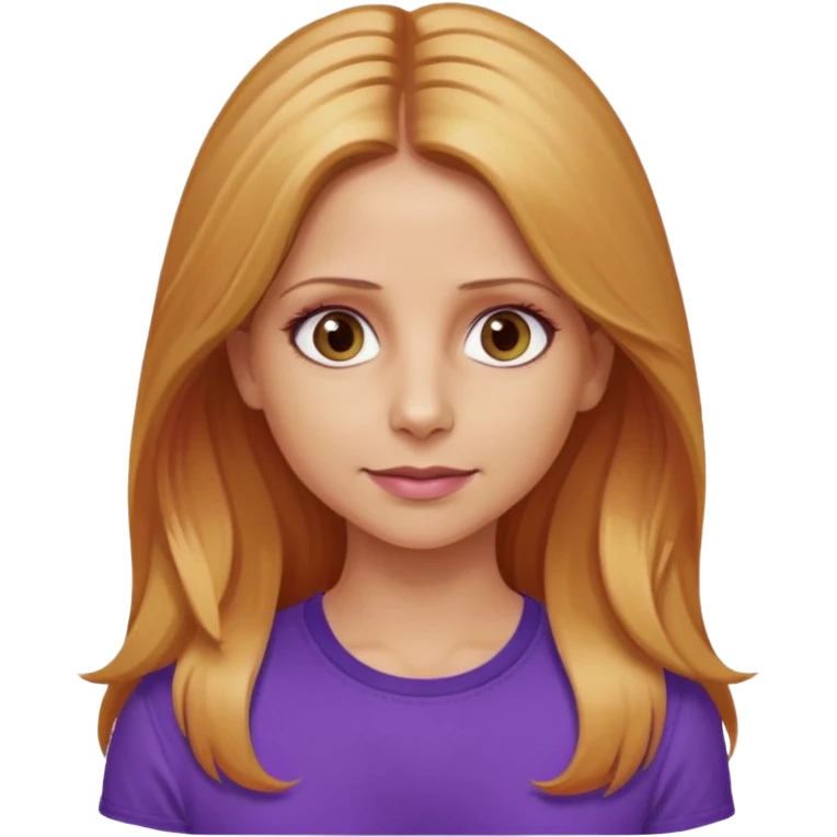 Sarah Michelle Gellar with hazel eyes, strawberry blonde long hair, purple shirt emoji
