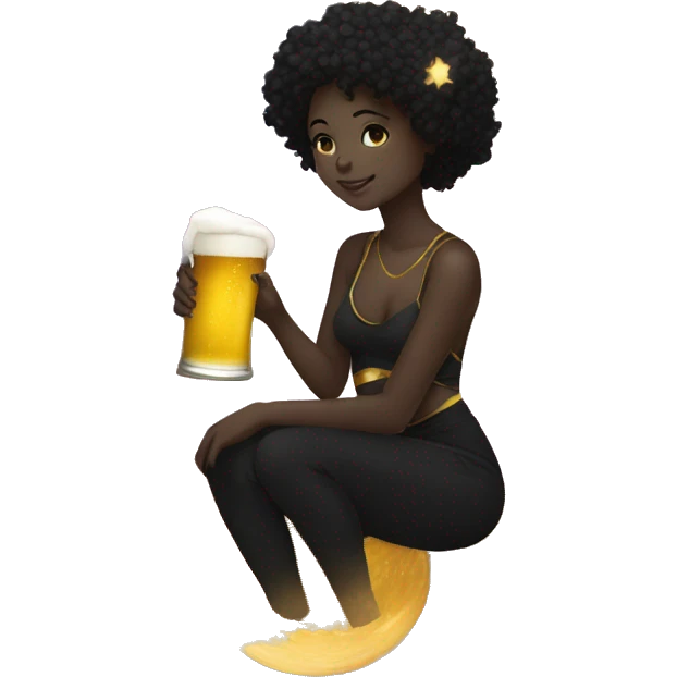 Ethereal Girl wearing black and gold sat on a nebula galaxy drinking beer surrounded by golden stars and planets emoji