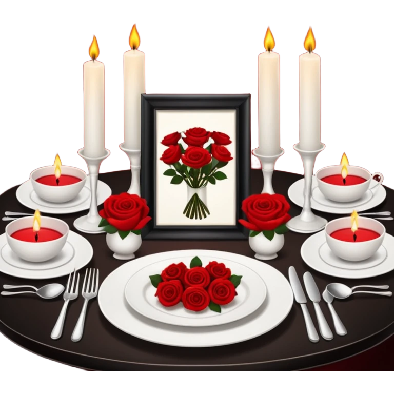 a chic restaurant, on the table there is a set of beautiful white dishes, candles are burning, next to it there is a bouquet of roses emoji