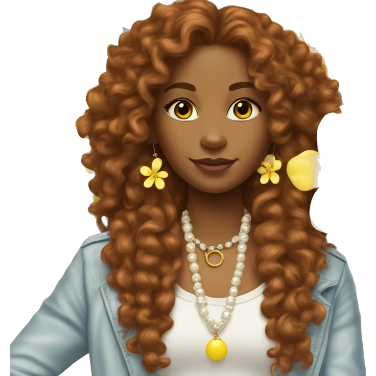 Brown skinned girl, long curly ginger hair, pearl earrings, bling tennis necklace, yellow Hawaiian flower in hair,  emoji