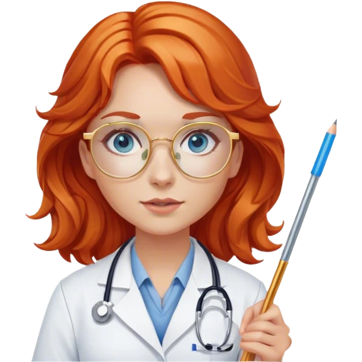 Girl doctor wavy orange red hair blue eyes in gold glasses . And  pointer emoji