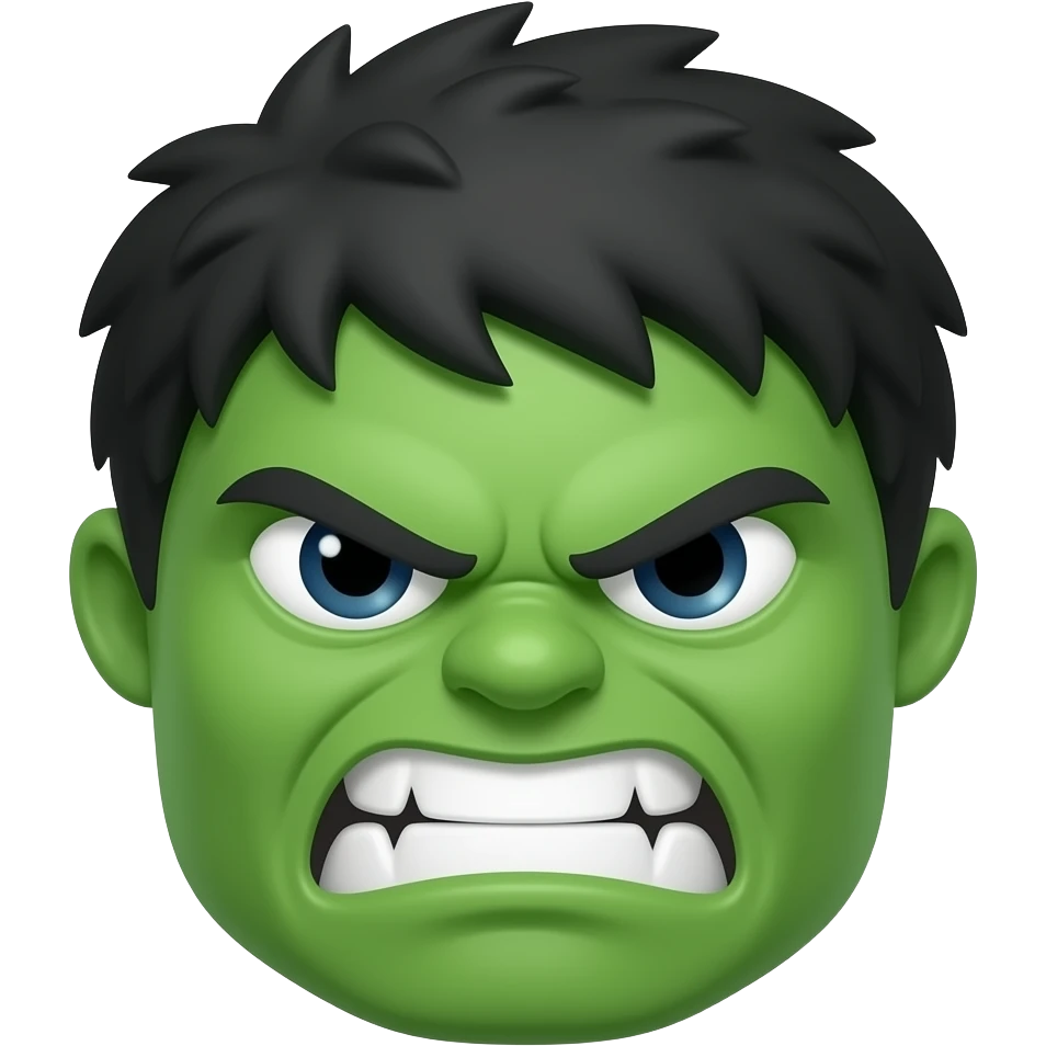 Like 🙂. Not human like!!! Just a plain smiley emoji. Green emoji with spiky messy black hair, incredible hulk like, but still a plain Android /iOS style emoji. Like a regular emoji, not human like. Scary but angry smile. emoji