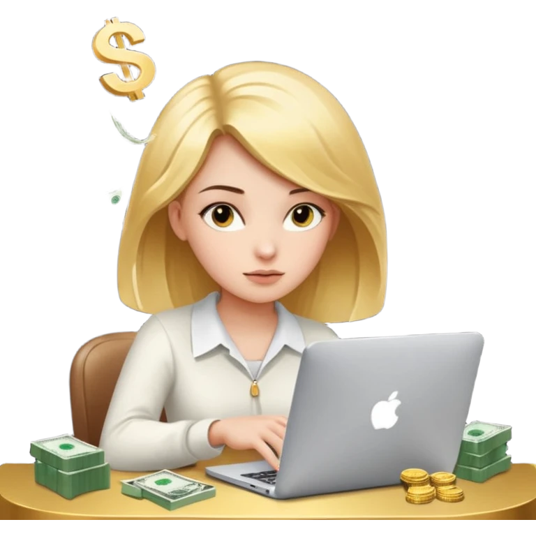 Girl who is trading options on her computer with $ signs in air emoji