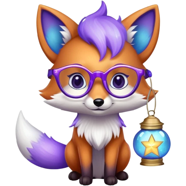 Heart eyes 😍 — a small magical fox with shimmering purple and blue fur, a glowing fluffy tail, a silver star on its forehead, round glasses, and a tiny lantern. emoji
