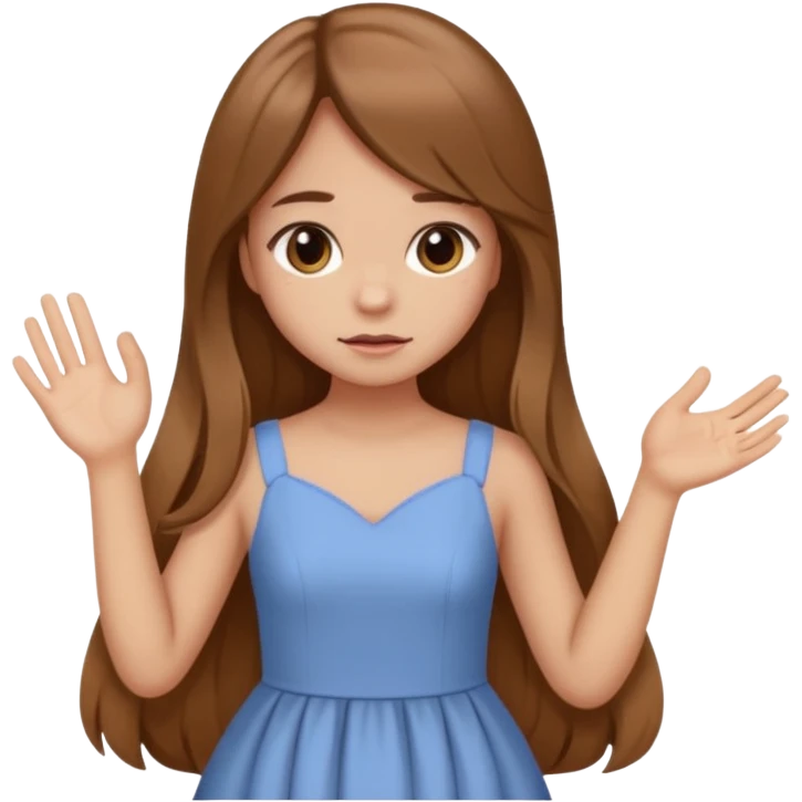 fake costumer loyalty, girl that doesn't care, she is like whatever, brown long hair, cute dres and her hand showing like i dont care whateve emoji