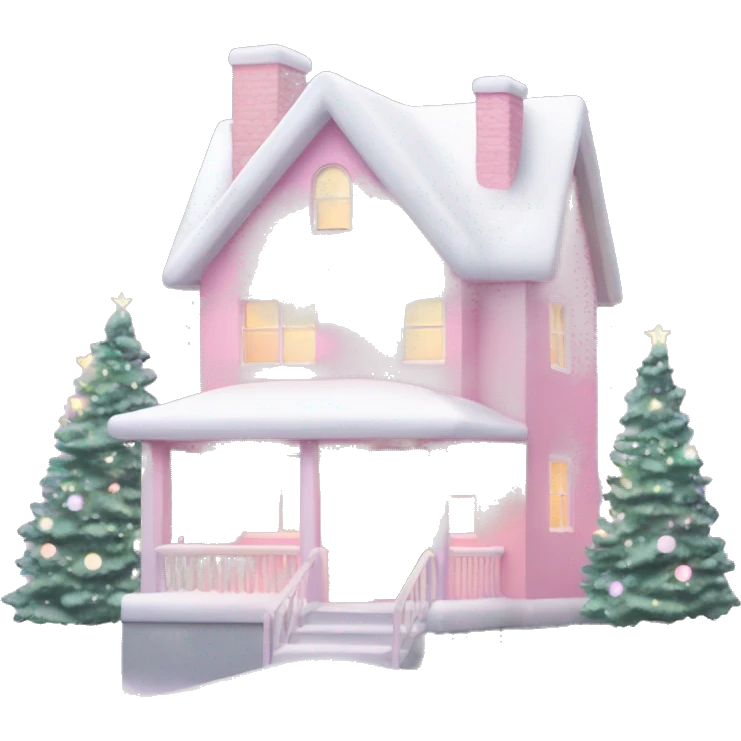Pastel pink Christmas house with Christmas lights and evergreen trees emoji