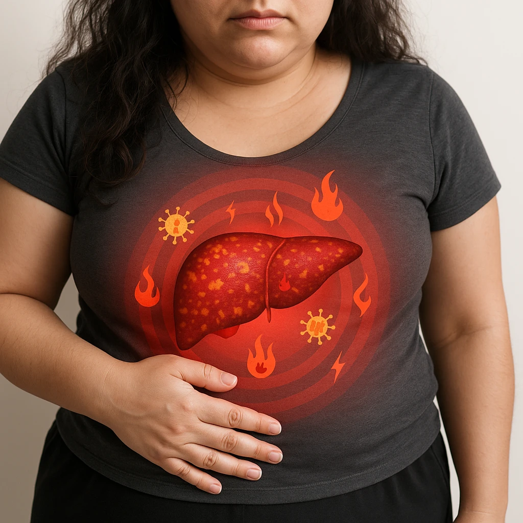Realistic style depiction of a woman with PCOS, enlarged and inflamed liver highlighted by a red halo and symbols of inflammation. Inspired by the reference image, 4K quality. emoji
