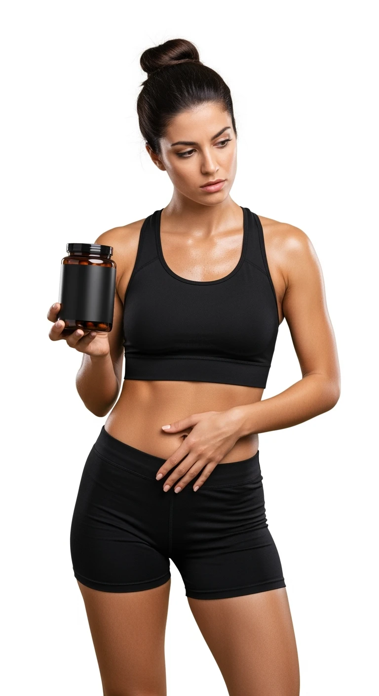 DONNA FITNESS ITALIANA INDECISA CON BARATTOLO DI INTEGRATORE IN MANO, REALISTICA 4K, ISOLATA SU SFONDO BIANCO emoji