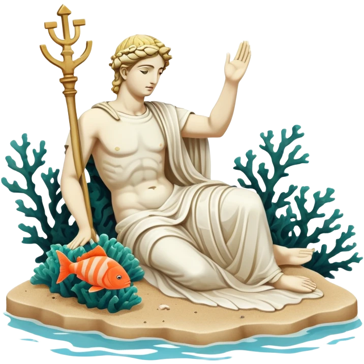 sunken on sand, white greek statue, broken, include water and coral in the sea, sea weed, fish emoji